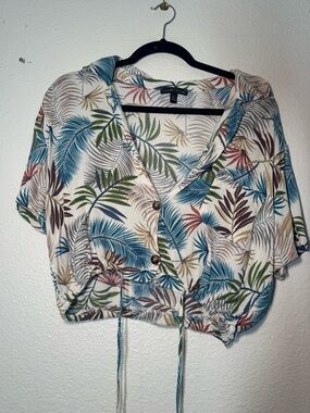 Moa Moa White Tropical Drawstring Crop Top with Blue, Green & Brown Palm Print